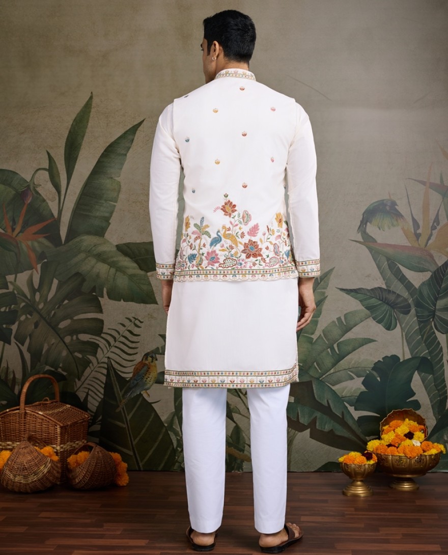 61232-white - Designer White Cotton Kurta with Embroidered Koti